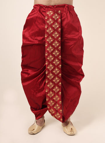 Men's Maroon Silk Blend Ready-to-Wear Dhoti with Golden Embroidered Border