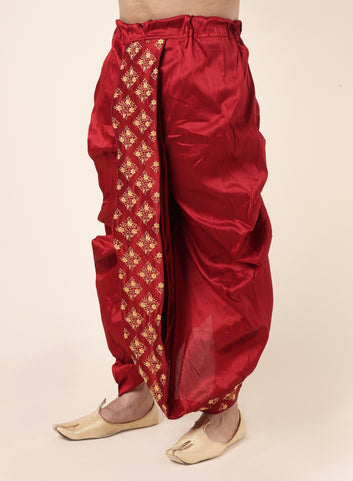 Men's Maroon Silk Blend Ready-to-Wear Dhoti with Golden Embroidered Border