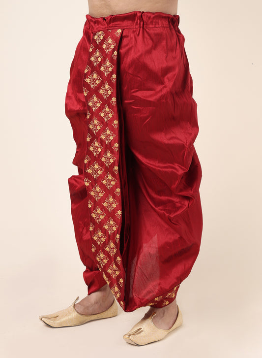 Men's Maroon Silk Blend Ready-to-Wear Dhoti with Golden Embroidered Border