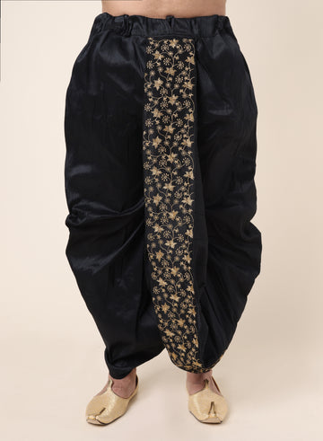 Men's Black Silk Blend Ready-to-Wear Dhoti with Golden Embroidered Border