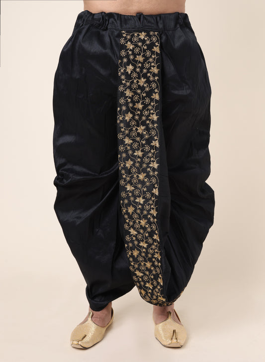 Men's Black Silk Blend Ready-to-Wear Dhoti with Golden Embroidered Border