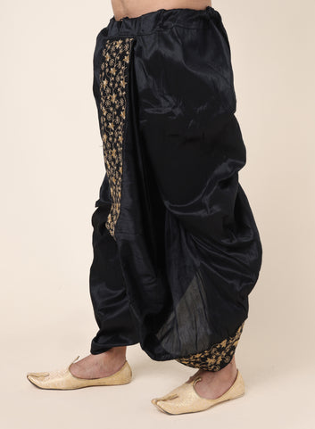 Men's Black Silk Blend Ready-to-Wear Dhoti with Golden Embroidered Border