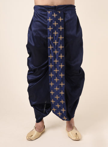 Men's Blue Silk Blend Ready-to-Wear Dhoti with Golden Embroidered Border