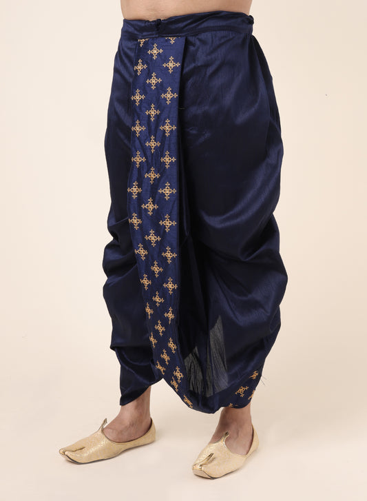 Men's Blue Silk Blend Ready-to-Wear Dhoti with Golden Embroidered Border