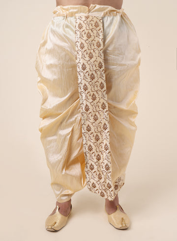 Men's Gold Silk Blend Ready-to-Wear Dhoti with Golden Embroidered Border