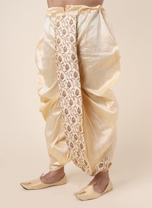 Men's Gold Silk Blend Ready-to-Wear Dhoti with Golden Embroidered Border