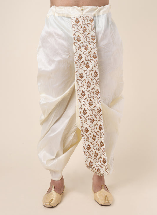 Men's Cream Silk Blend Ready-to-Wear Dhoti with Golden Embroidered Border
