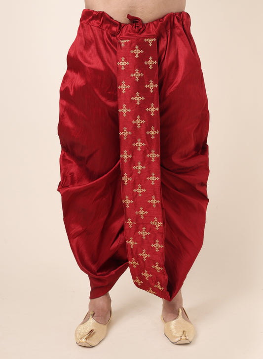 Men's Maroon Silk Blend Ready-to-Wear Dhoti with Golden Motif Embroidered Border