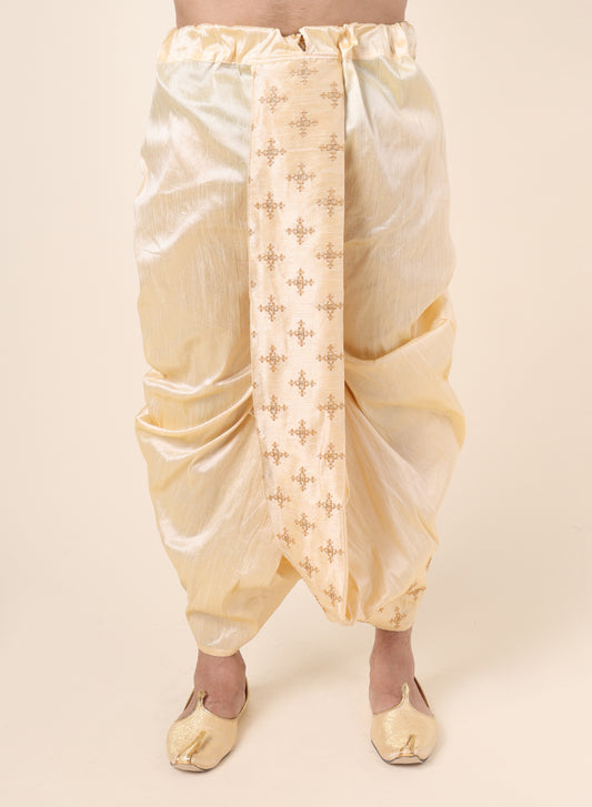 Men's Gold Silk Blend Ready-to-Wear Dhoti with Golden Motif Embroidered Border