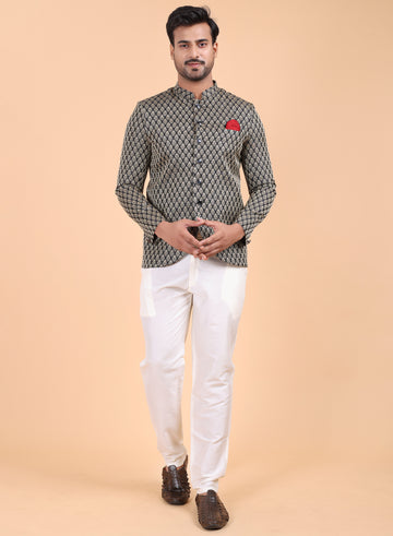 Men’s Black Silk Geometric Jodhpuri Suit