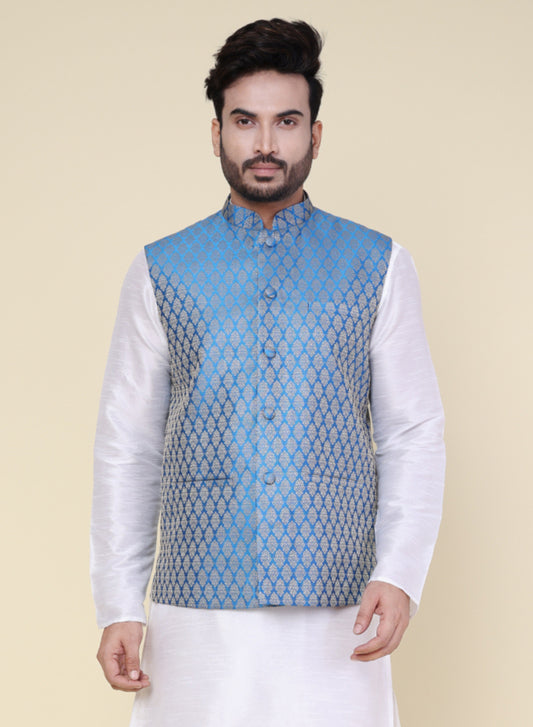 Men’s Aqua Blue Silk Blend Nehru Jacket with Golden Woven Pattern