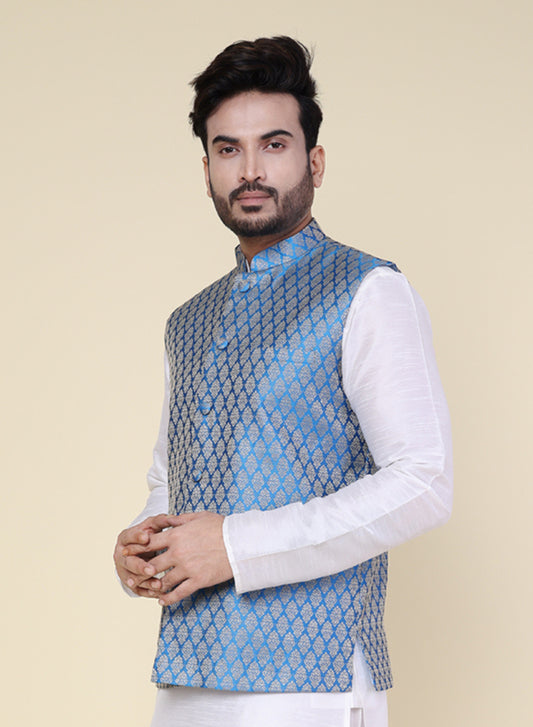 Men’s Aqua Blue Silk Blend Nehru Jacket with Golden Woven Pattern