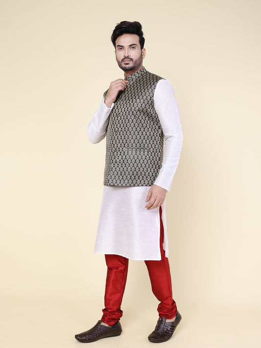 Men’s Silk White Kurta with Red Pajama and Brocade Jacket