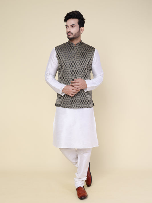 Men’s White Silk Kurta Pajama Set with Black Patterned Jacket