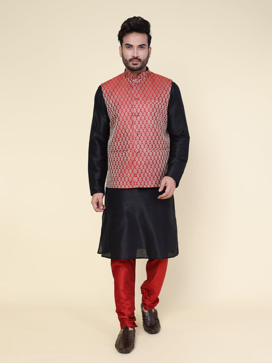 Men’s Black Silk Kurta with Maroon Pajama and Patterned Jacket