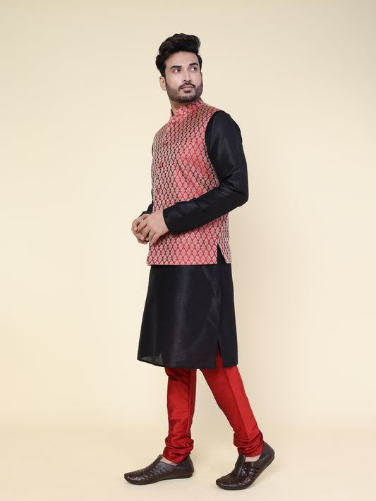Men’s Black Silk Kurta with Maroon Pajama and Patterned Jacket