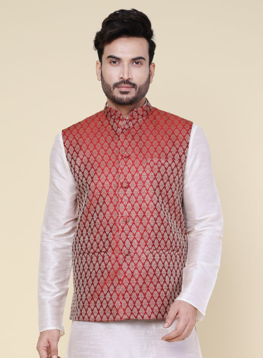 Men’s Maroon Silk Blend Nehru Jacket with Golden Woven Pattern