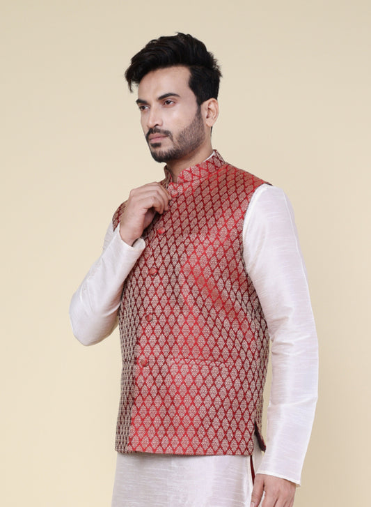 Men’s Maroon Silk Blend Nehru Jacket with Golden Woven Pattern