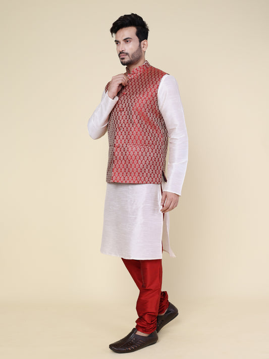 Men’s Silk White Kurta with Red Pyjama Set and Red Brocade Jacket