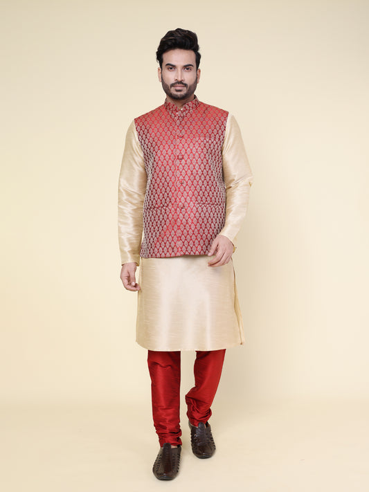 Men’s Silk Cream Kurta with Red Pyjama Set and Red Brocade Jacket