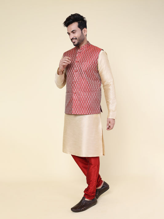 Men’s Silk Cream Kurta with Red Pyjama Set and Red Brocade Jacket