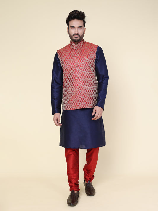Men’s Silk Navy Blue Kurta with Red Pyjama Set and Red Brocade Jacket
