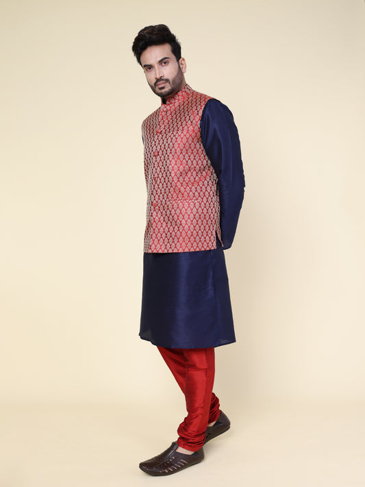 Men’s Silk Navy Blue Kurta with Red Pyjama Set and Red Brocade Jacket