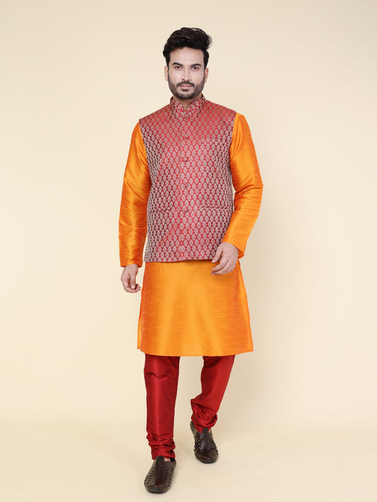 Men’s Silk Orange Kurta with Red Pyjama Set and Red Brocade Jacket