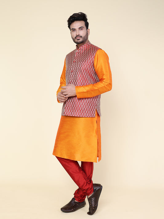 Men’s Silk Orange Kurta with Red Pyjama Set and Red Brocade Jacket
