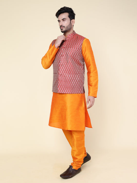 Men’s Silk Orange Kurta Pyjama Set with Red Brocade Jacket