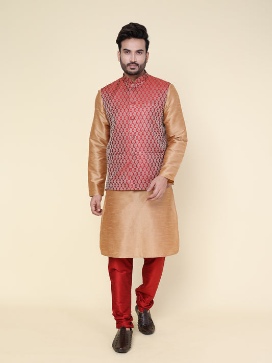 Men’s Silk Golden Kurta with Red Pyjama Set and Red Brocade Jacket