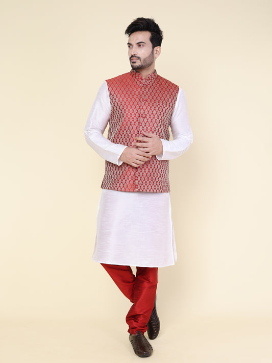 Men’s Silk White Kurta Pyjama with Red Bottoms and Red Brocade Jacket