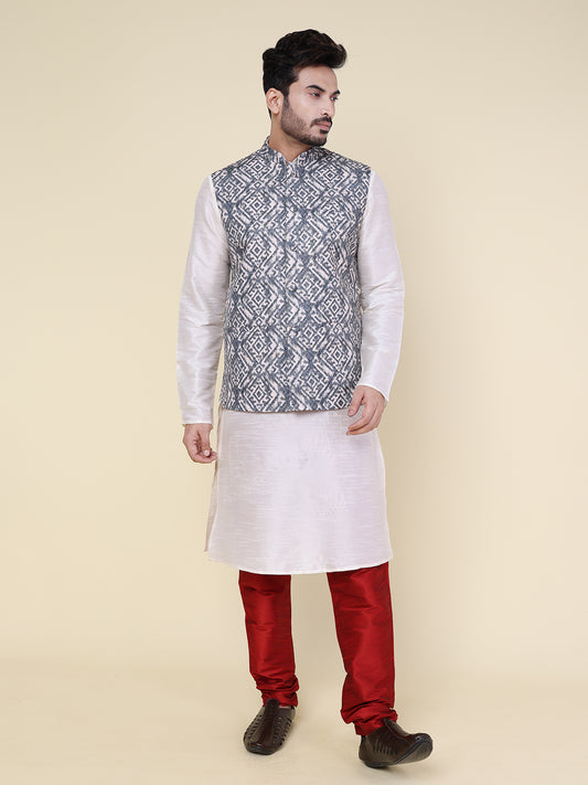 Men’s Silk White Kurta with Red Pyjama Set and Grey Ikat Printed Jacket