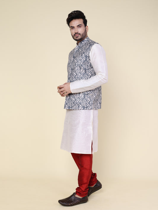 Men’s Silk White Kurta with Red Pyjama Set and Grey Ikat Printed Jacket