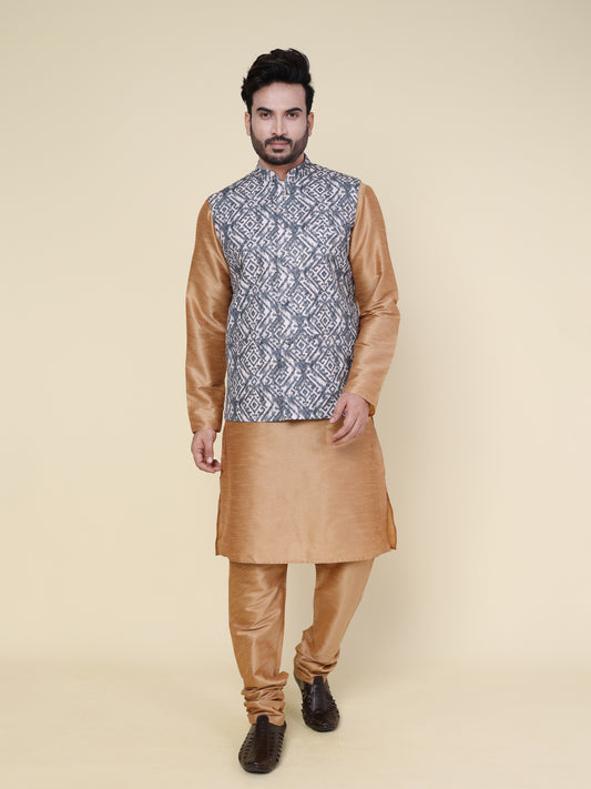 Men’s Silk Golden Kurta Pyjama Set with Grey Ikat Printed Jacket