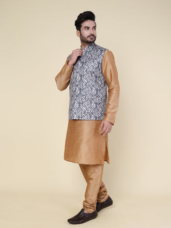 Men’s Silk Golden Kurta Pyjama Set with Grey Ikat Printed Jacket