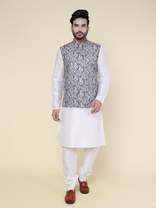 Men’s Silk White Kurta Pyjama Set with Grey Ikat Printed Jacket