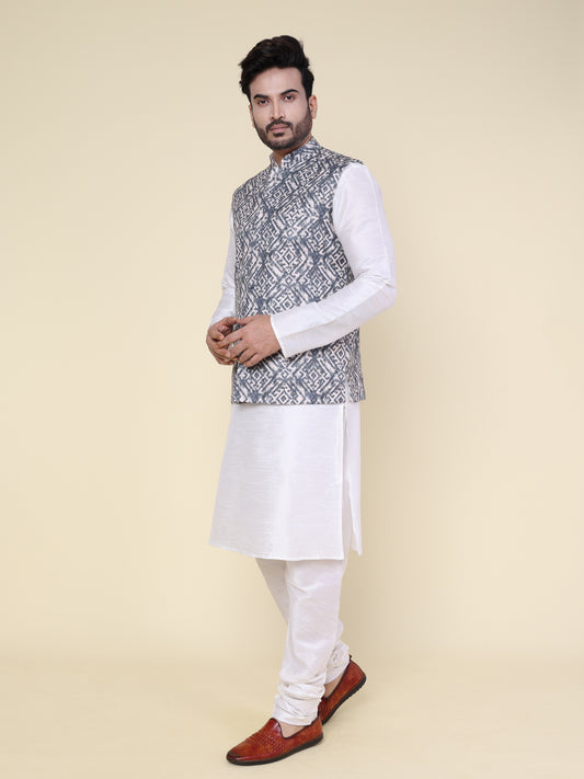 Men’s Silk White Kurta Pyjama Set with Grey Ikat Printed Jacket
