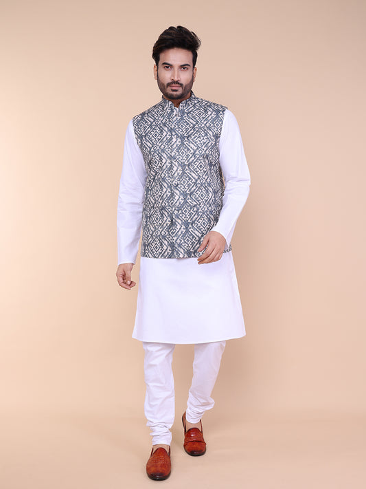 Men’s Silk White Kurta Pyjama Set with Grey Ikat Printed Jacket