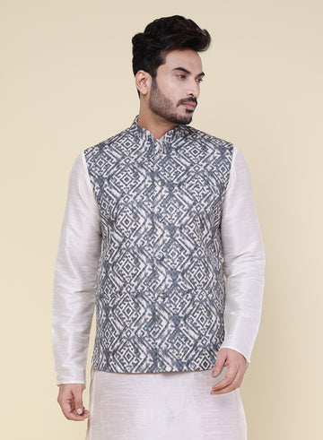 Men’s Grey Printed Silk Blend Nehru Jacket with Geometric Print