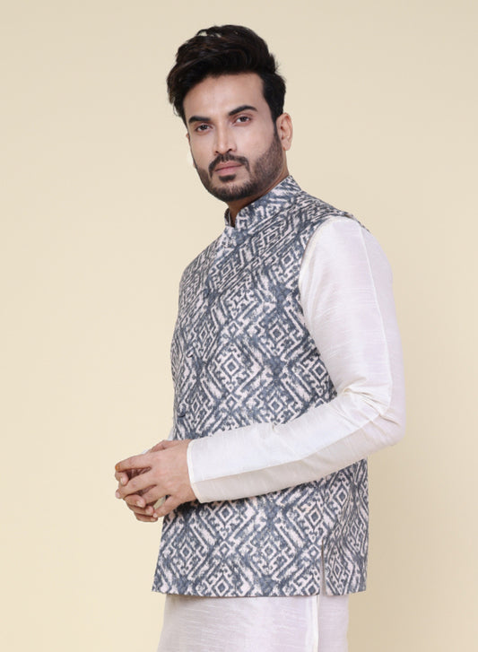 Men’s Grey Printed Silk Blend Nehru Jacket with Geometric Print