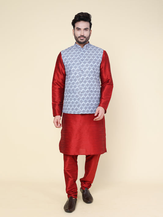 Men’s Silk Red Kurta Pyjama Set with Grey Printed Jacket
