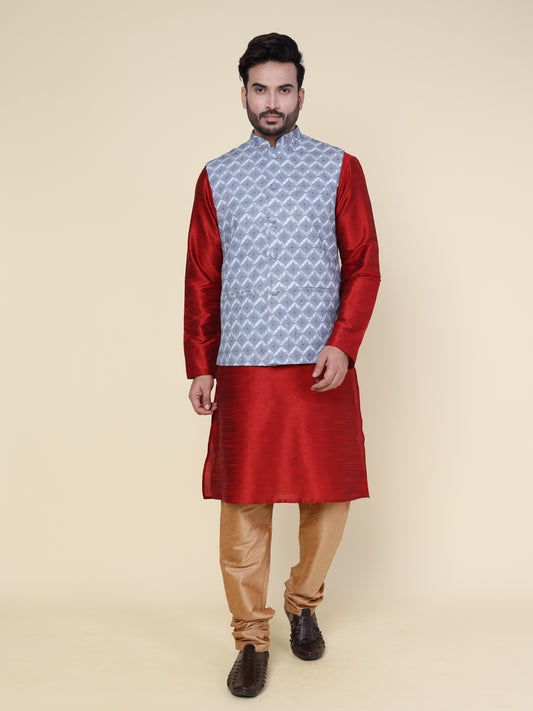 Men’s Silk Red Kurta Pyjama Set with Grey Printed Jacket