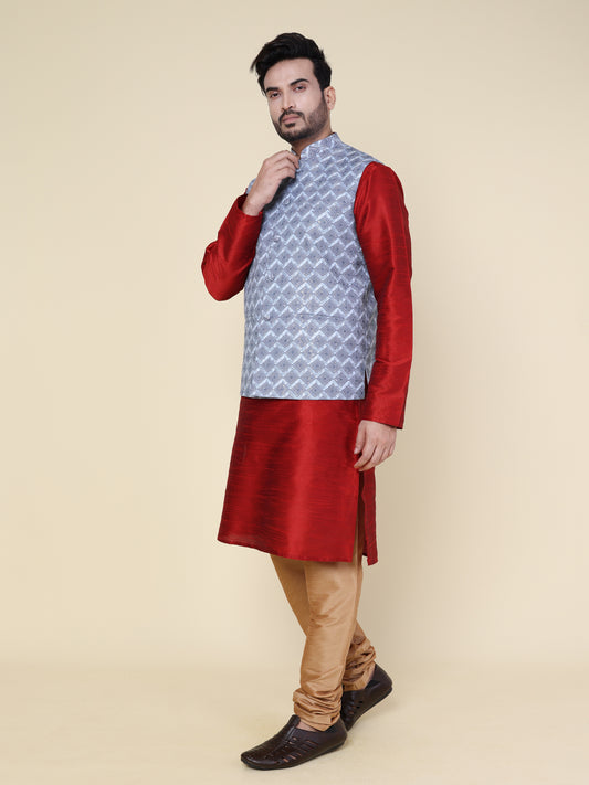 Men’s Silk Red Kurta Pyjama Set with Grey Printed Jacket