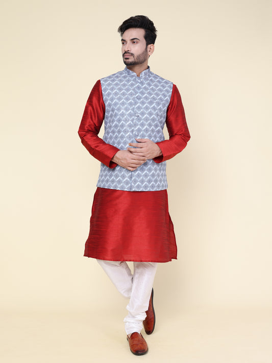 Men’s Silk Red Kurta Pyjama Set with Grey Printed Jacket