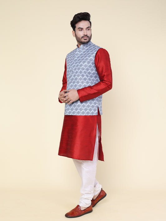 Men’s Silk Red Kurta Pyjama Set with Grey Printed Jacket
