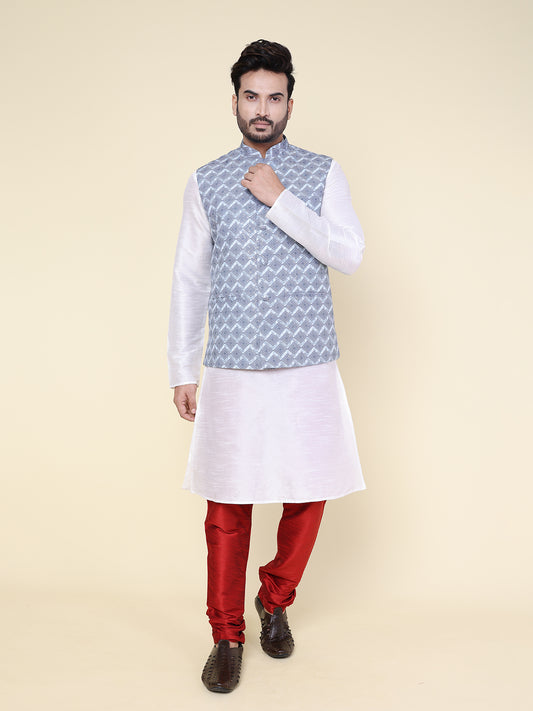 Men’s Silk White Kurta Pyjama Set with Grey Printed Jacket