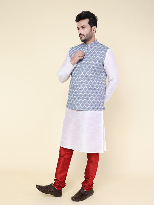 Men’s Silk White Kurta Pyjama Set with Grey Printed Jacket