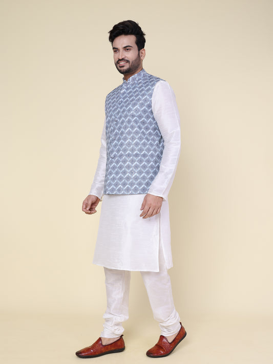 Men’s Silk White Kurta Pyjama Set with Grey Printed Jacket