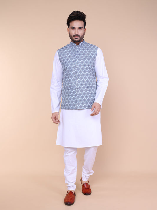 Men’s Silk White Kurta Pyjama with Grey Printed Jacket